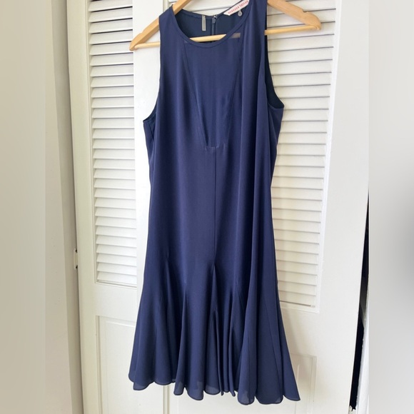 Rebecca Taylor Pieced Godet Sheer Insert Silk Flare Dress | Navy Blue | Size 8 - Picture 4 of 16